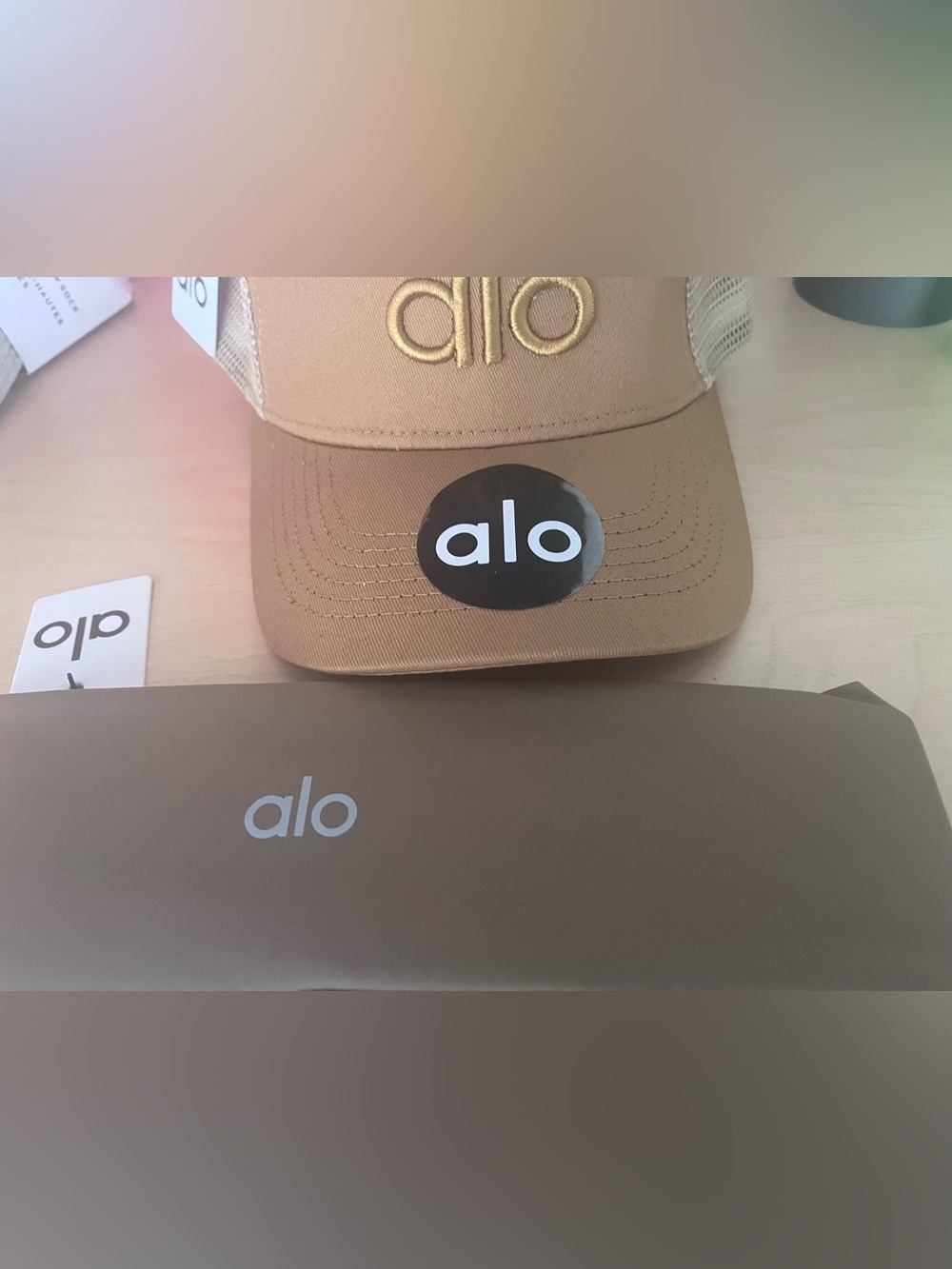 ALO Yoga LOT BUNDLE unisex Trucker Hat Tan hair Gold Embroidered Logo headband